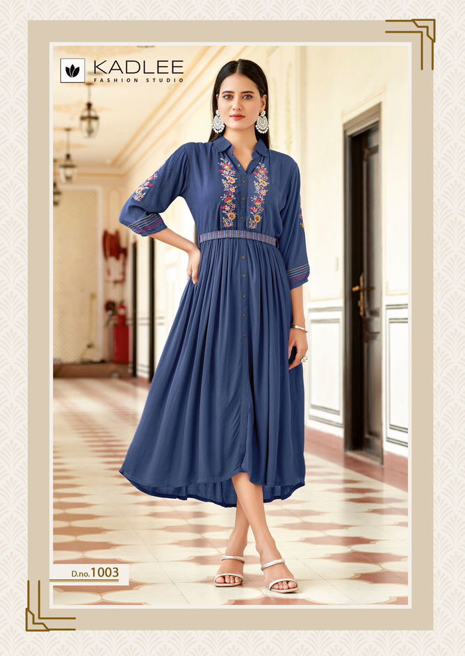 Aashmin By Kadlee Rayon Embroidered Designer Kurtis Wholesale Online
